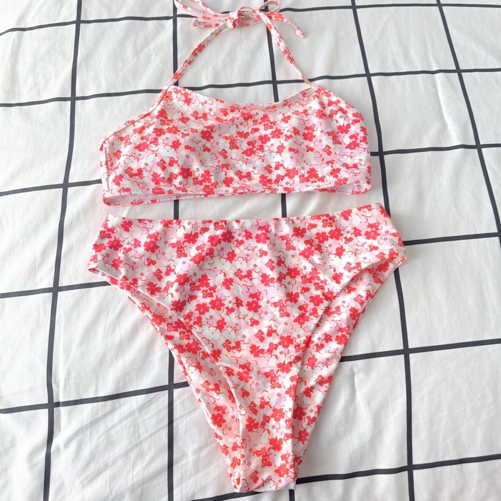 Pink Floral Flower Halter Tie Two Piece Bikini Swimsuit Size S